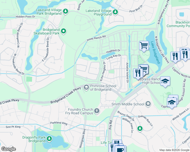 map of restaurants, bars, coffee shops, grocery stores, and more near 16706 Blackland Prairie Drive in Cypress
