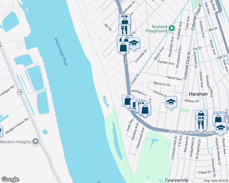 map of restaurants, bars, coffee shops, grocery stores, and more near 33 Hennessey Court in River Ridge