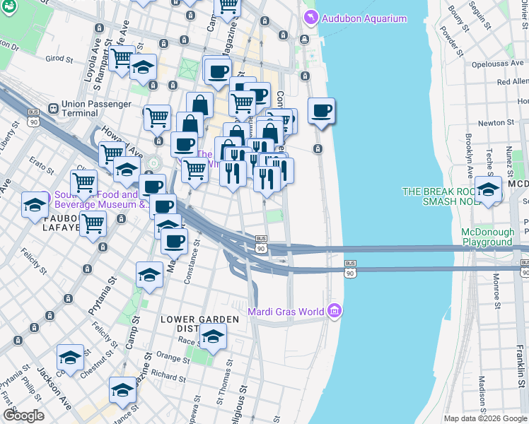 map of restaurants, bars, coffee shops, grocery stores, and more near 1101 South Peters Street in New Orleans