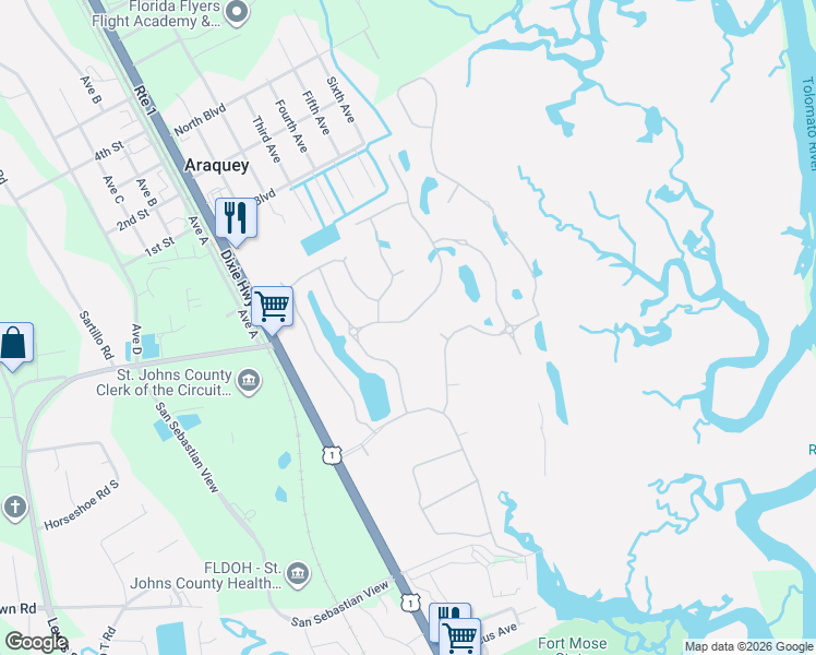 map of restaurants, bars, coffee shops, grocery stores, and more near 153 Pescado Drive in St. Augustine