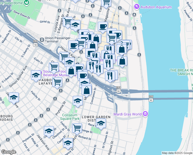 map of restaurants, bars, coffee shops, grocery stores, and more near 920 Poeyfarre Street in New Orleans