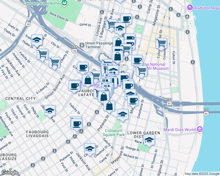 map of restaurants, bars, coffee shops, grocery stores, and more near 1220 Carondelet Street in New Orleans