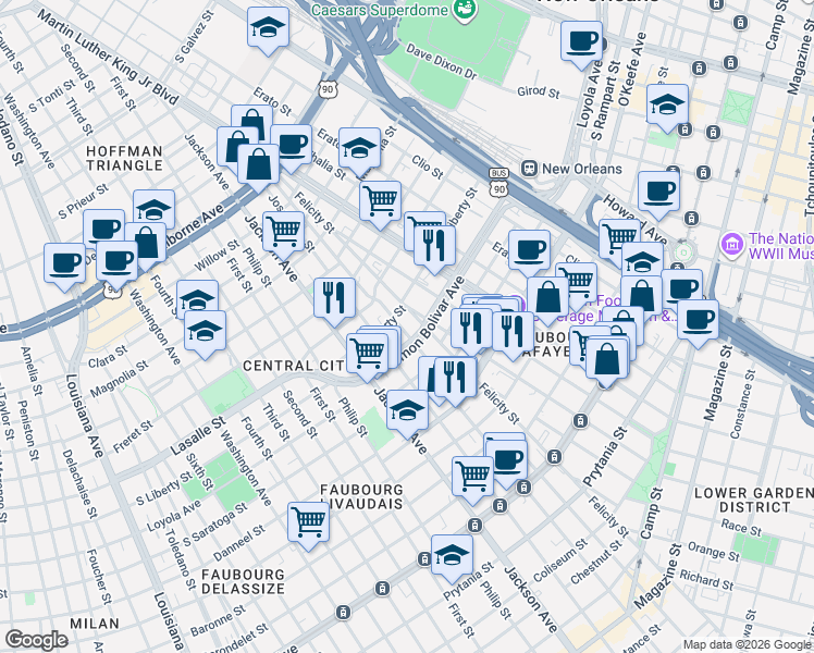 map of restaurants, bars, coffee shops, grocery stores, and more near 1813 South Liberty Street in New Orleans