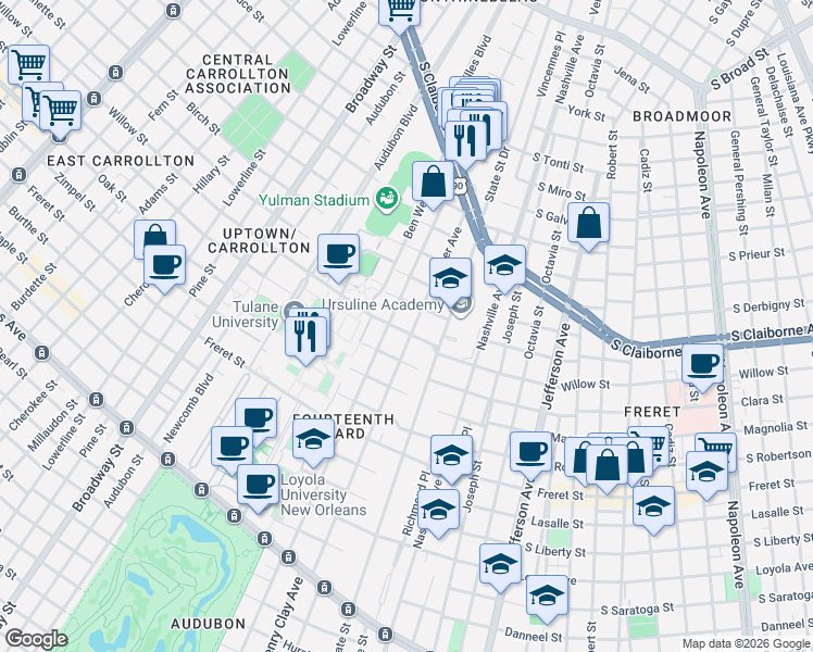 map of restaurants, bars, coffee shops, grocery stores, and more near 2604 Palmer Avenue in New Orleans