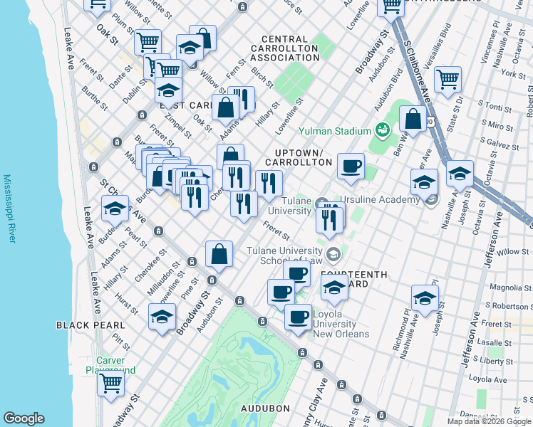 map of restaurants, bars, coffee shops, grocery stores, and more near 1101 Broadway Street in New Orleans