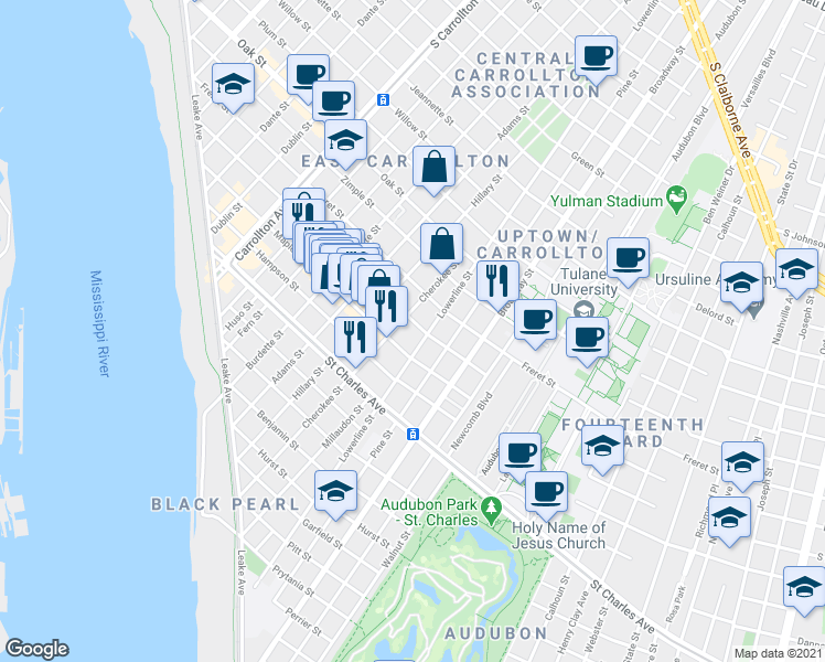 map of restaurants, bars, coffee shops, grocery stores, and more near 7500 Burthe Street in New Orleans