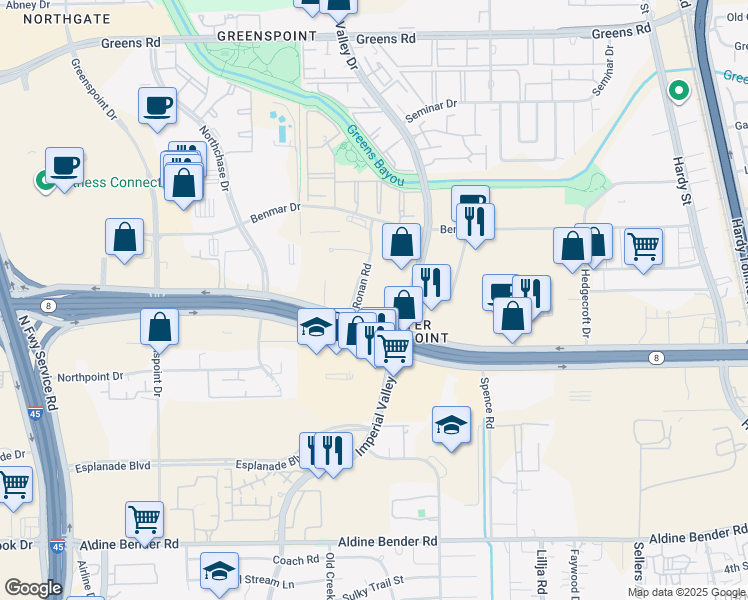 map of restaurants, bars, coffee shops, grocery stores, and more near 1040 Ronan Road in Houston