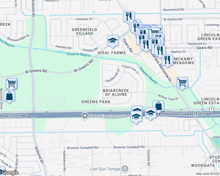 map of restaurants, bars, coffee shops, grocery stores, and more near 3455 Sandbrook Drive in Houston