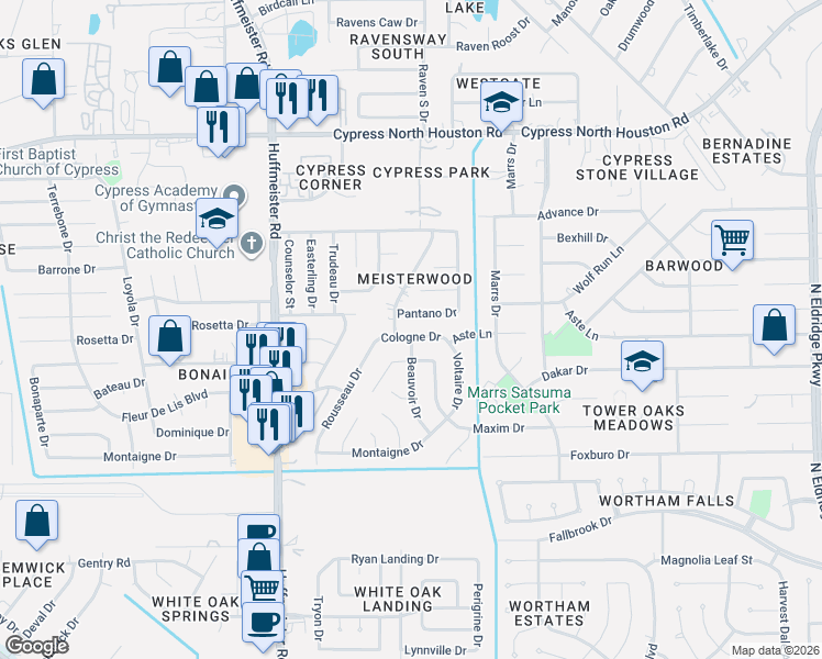 map of restaurants, bars, coffee shops, grocery stores, and more near 13410 Pantano Drive in Houston