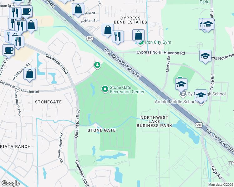map of restaurants, bars, coffee shops, grocery stores, and more near 11527 Ocotillo Drive in Houston