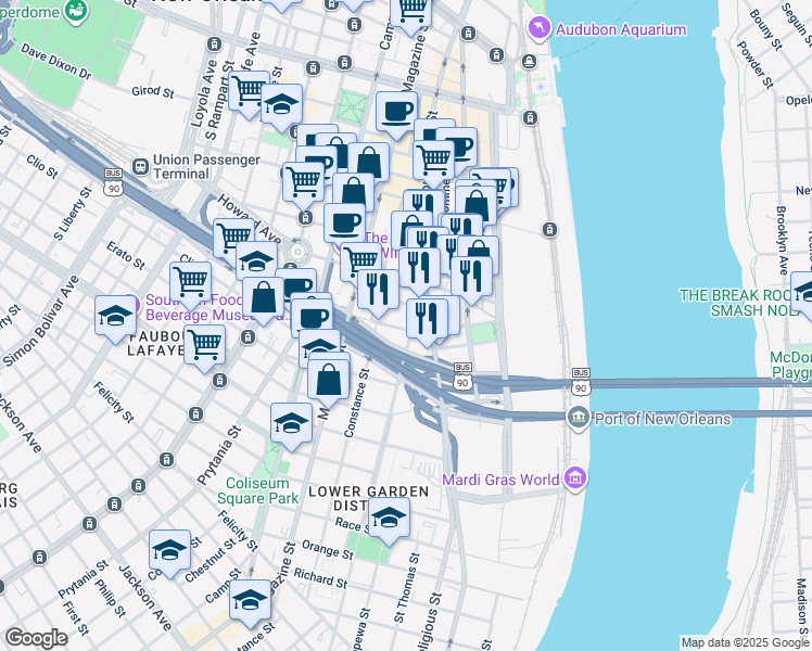 map of restaurants, bars, coffee shops, grocery stores, and more near 1014 Annunciation Street in New Orleans