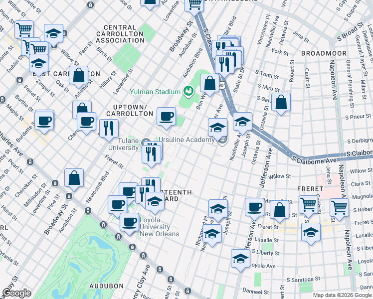 map of restaurants, bars, coffee shops, grocery stores, and more near 6319 Willow Street in New Orleans