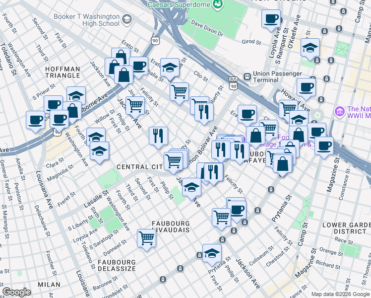map of restaurants, bars, coffee shops, grocery stores, and more near 1813 South Liberty Street in New Orleans