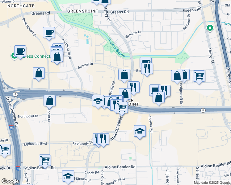 map of restaurants, bars, coffee shops, grocery stores, and more near 333 North Sam Houston Parkway East in Houston