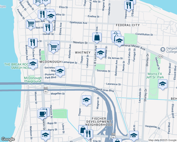 map of restaurants, bars, coffee shops, grocery stores, and more near 1415 Socrates Street in New Orleans