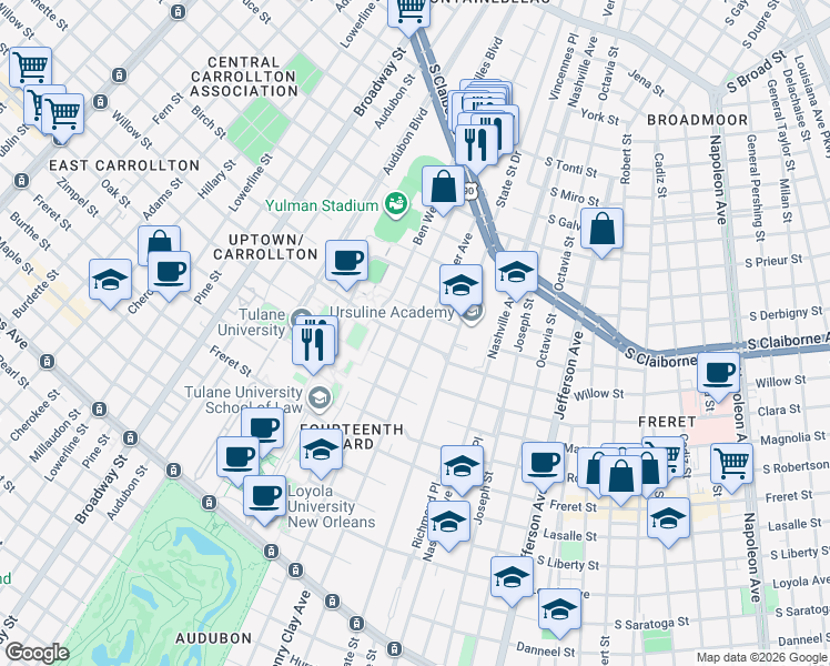 map of restaurants, bars, coffee shops, grocery stores, and more near 2604 Palmer Avenue in New Orleans
