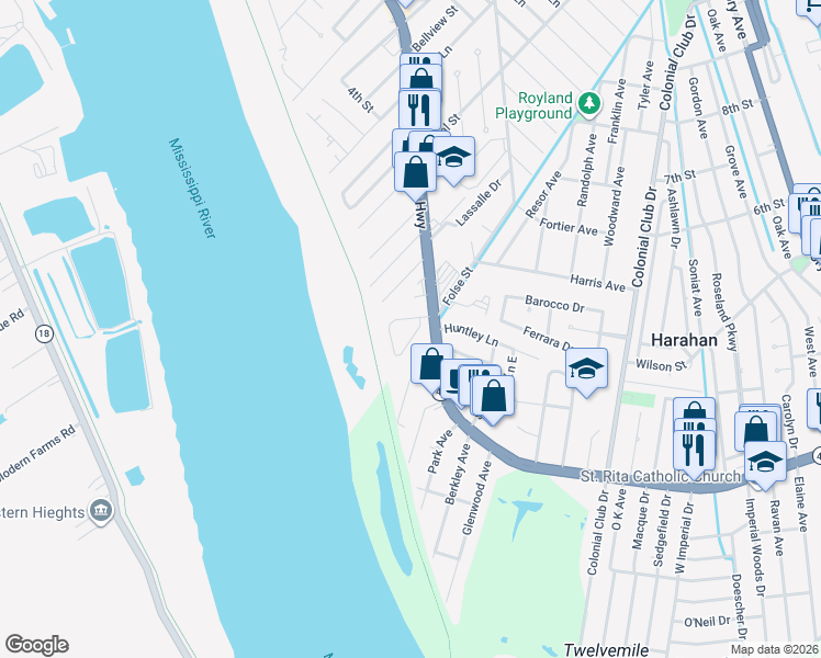 map of restaurants, bars, coffee shops, grocery stores, and more near 13 Hennessey Court in River Ridge