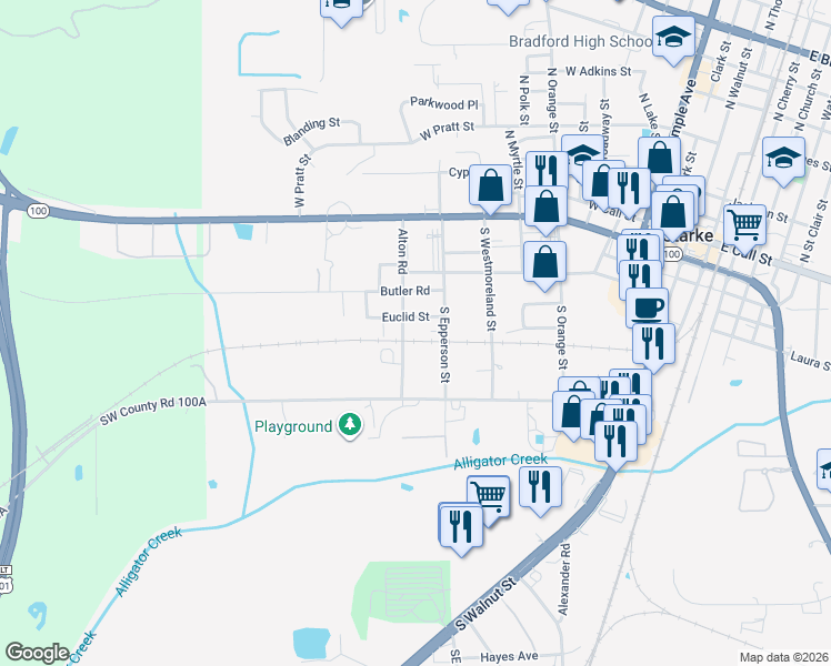 map of restaurants, bars, coffee shops, grocery stores, and more near 518 Alton Road in Starke