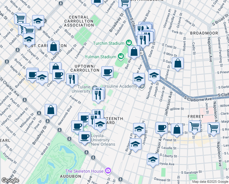 map of restaurants, bars, coffee shops, grocery stores, and more near 2450 Wall Alley in New Orleans