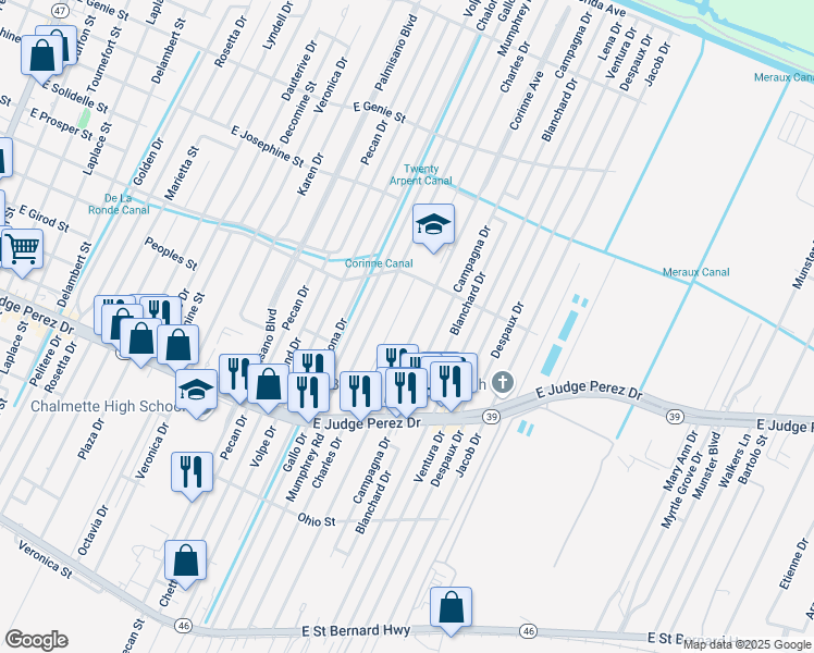 map of restaurants, bars, coffee shops, grocery stores, and more near 2920 Charles Drive in Chalmette