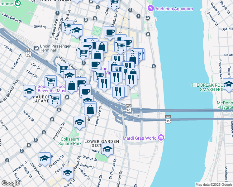 map of restaurants, bars, coffee shops, grocery stores, and more near 1014 Annunciation Street in New Orleans