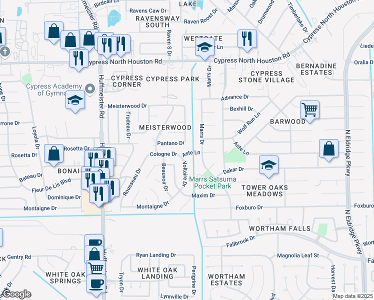 map of restaurants, bars, coffee shops, grocery stores, and more near 11507 Fallwood Drive in Houston