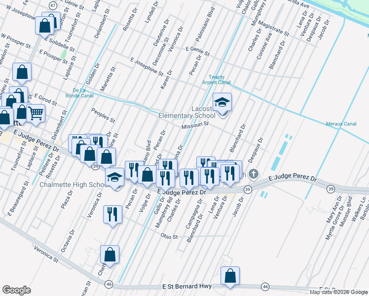 map of restaurants, bars, coffee shops, grocery stores, and more near 2908 Gallo Drive in Chalmette