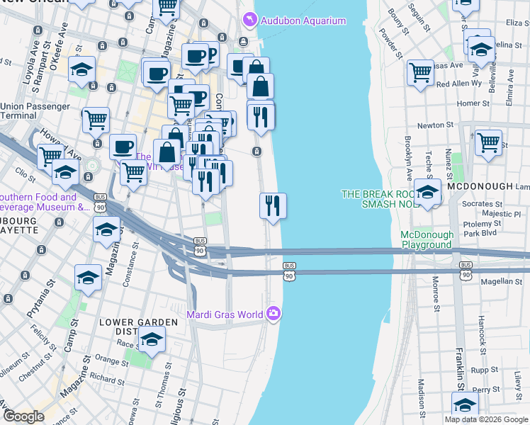 map of restaurants, bars, coffee shops, grocery stores, and more near Port of New Orleans Place in New Orleans