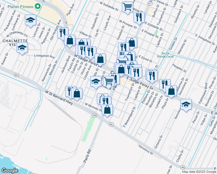 map of restaurants, bars, coffee shops, grocery stores, and more near 2426 Montesquieu Street in Chalmette