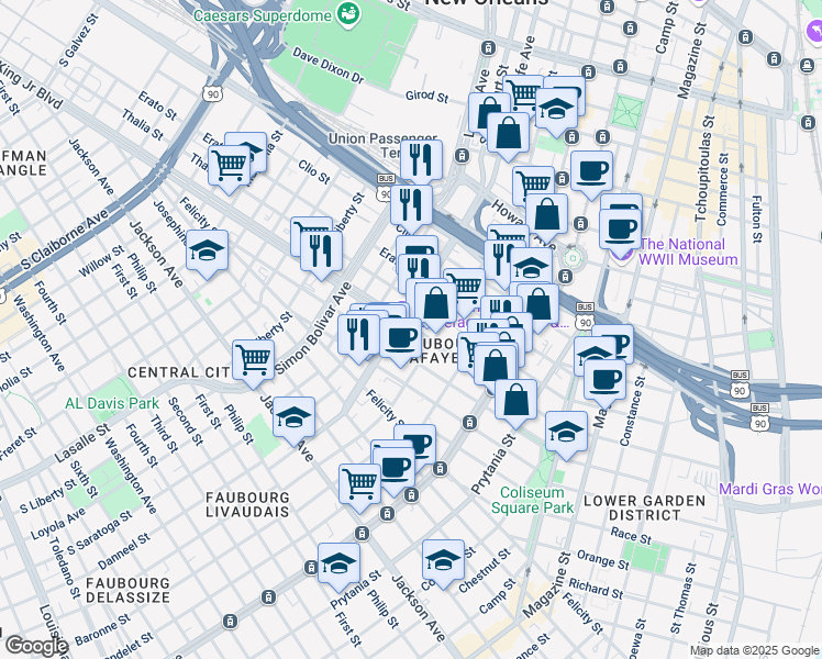 map of restaurants, bars, coffee shops, grocery stores, and more near 1915 Martin Luther King Junior Boulevard in New Orleans