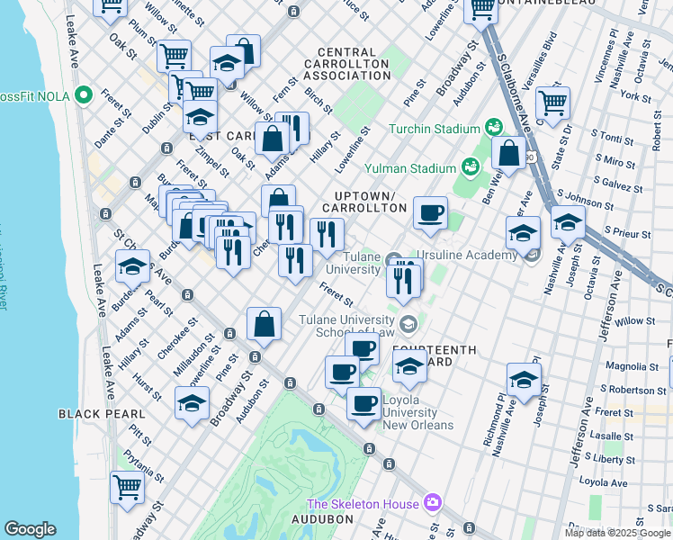 map of restaurants, bars, coffee shops, grocery stores, and more near 1101 Broadway Street in New Orleans