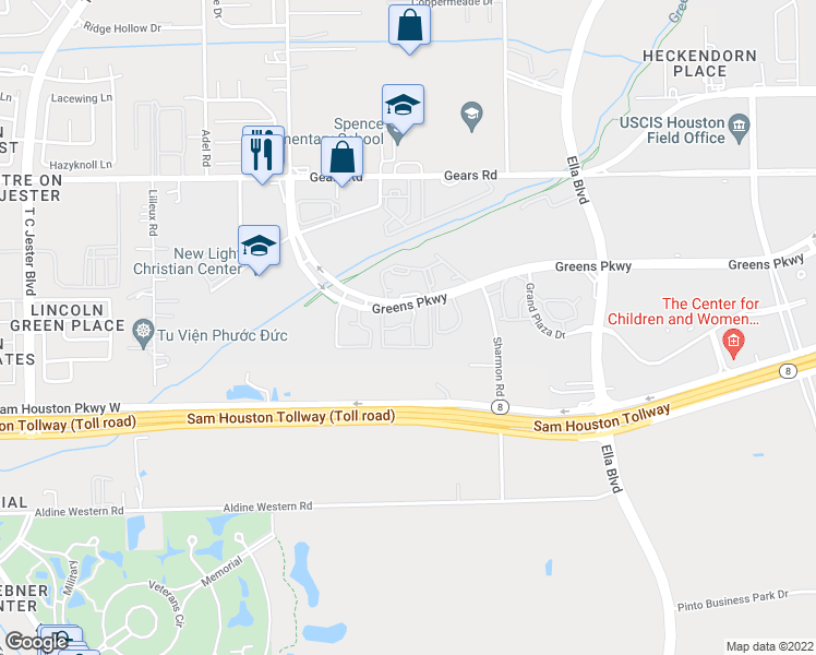 map of restaurants, bars, coffee shops, grocery stores, and more near 1351 Greens Parkway in Houston