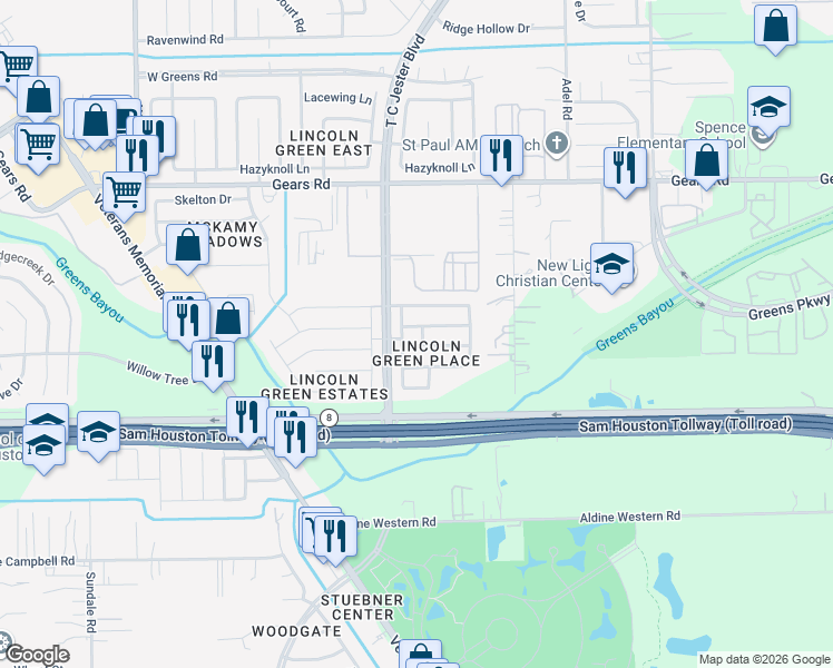 map of restaurants, bars, coffee shops, grocery stores, and more near 1919 Tomlinson Trail Drive in Houston