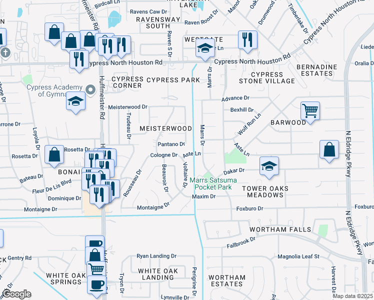 map of restaurants, bars, coffee shops, grocery stores, and more near 11507 Fallwood Drive in Houston