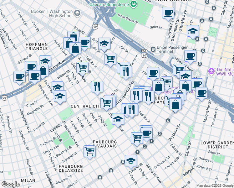 map of restaurants, bars, coffee shops, grocery stores, and more near 1813 South Liberty Street in New Orleans