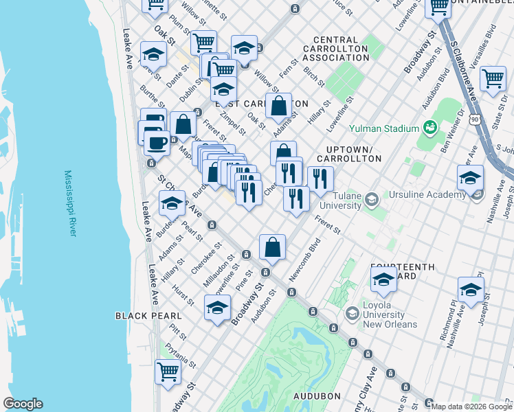 map of restaurants, bars, coffee shops, grocery stores, and more near 7500 Burthe Street in New Orleans