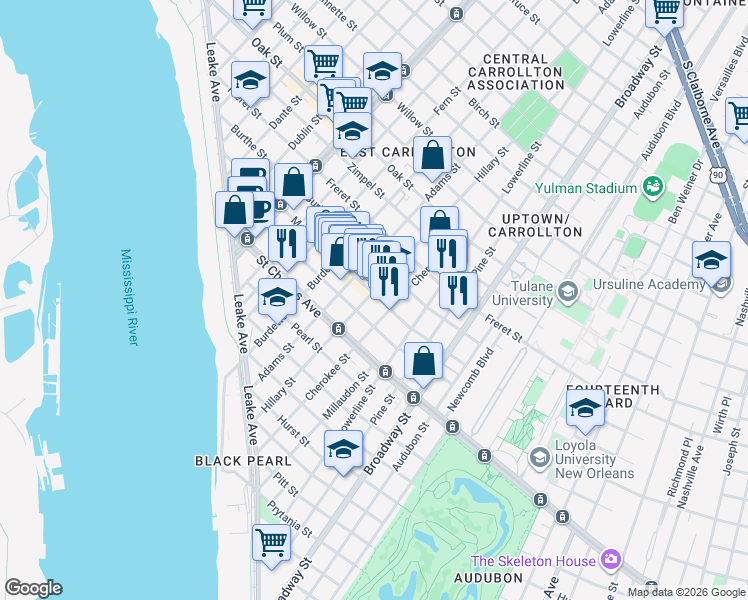 map of restaurants, bars, coffee shops, grocery stores, and more near 7611 Maple Street in New Orleans