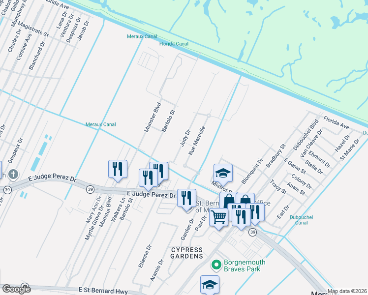 map of restaurants, bars, coffee shops, grocery stores, and more near 3105 Judy Drive in Meraux