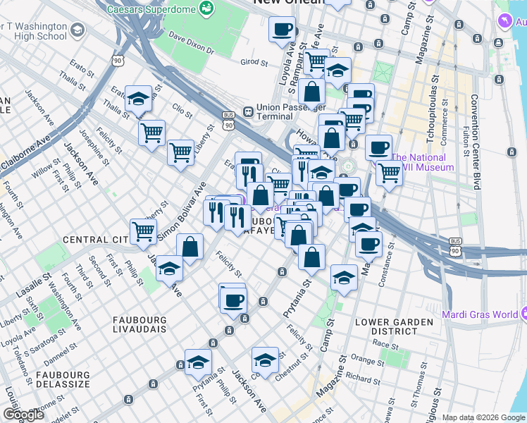 map of restaurants, bars, coffee shops, grocery stores, and more near 1827 Thalia Street in New Orleans