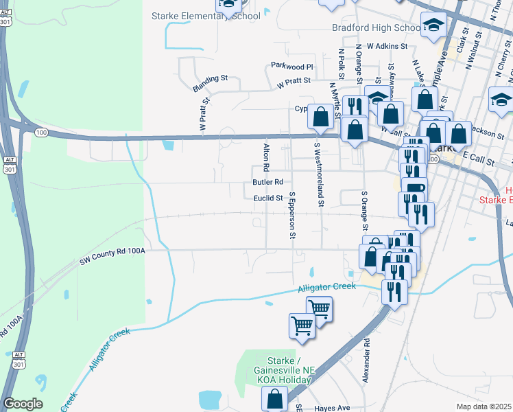 map of restaurants, bars, coffee shops, grocery stores, and more near 604 Euclid Terrace in Starke