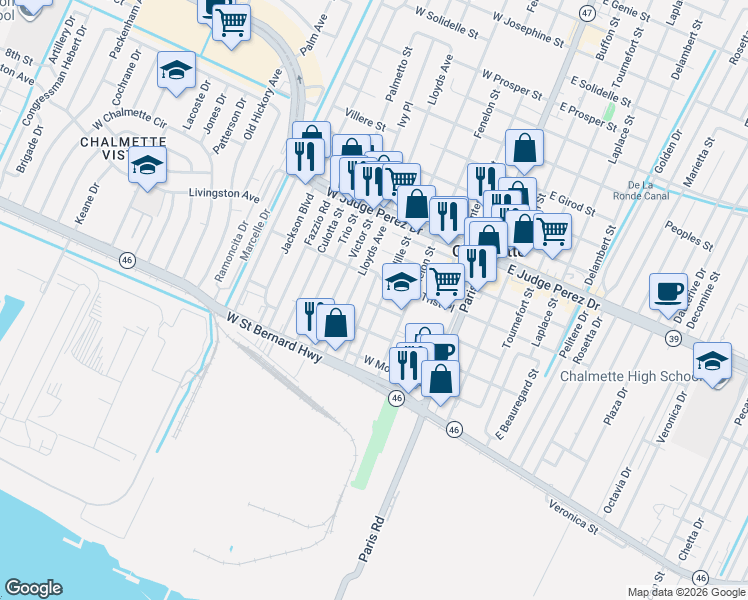 map of restaurants, bars, coffee shops, grocery stores, and more near 2320 Stander Place in Chalmette