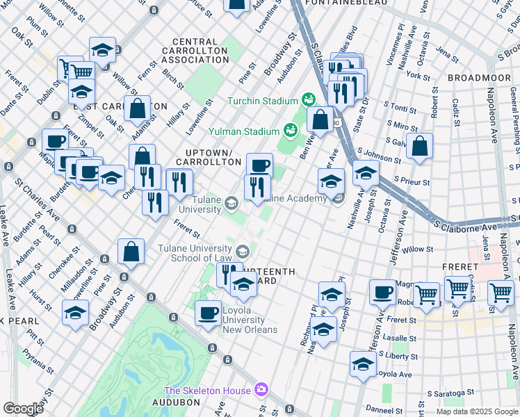map of restaurants, bars, coffee shops, grocery stores, and more near 31 McAlister Drive in New Orleans