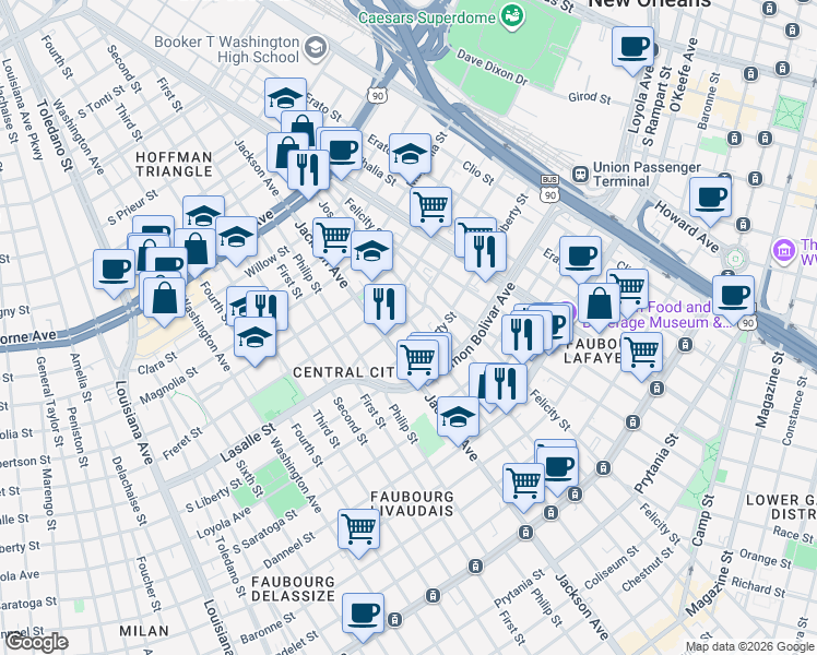 map of restaurants, bars, coffee shops, grocery stores, and more near 2408 Josephine Street in New Orleans
