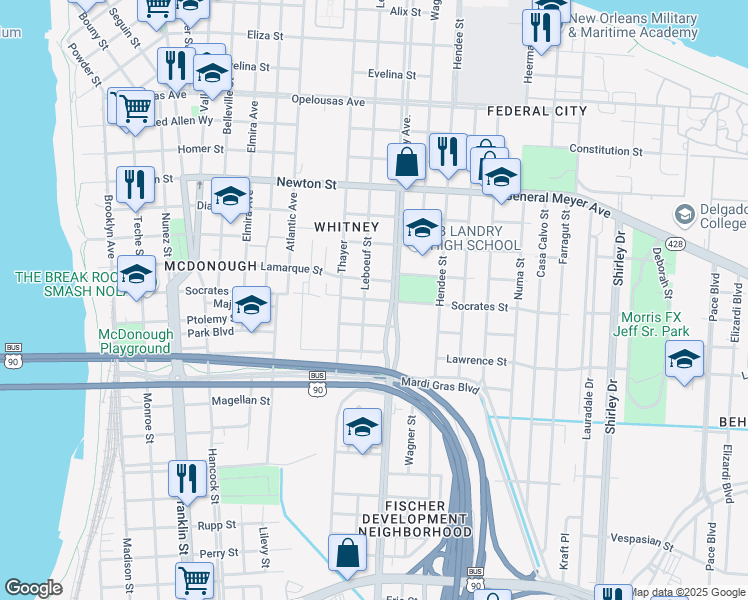 map of restaurants, bars, coffee shops, grocery stores, and more near 1415 Socrates Street in New Orleans