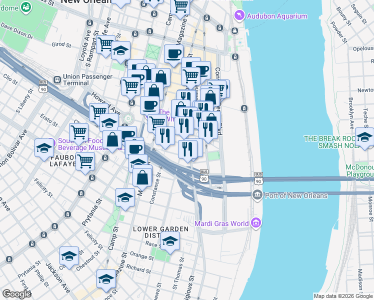 map of restaurants, bars, coffee shops, grocery stores, and more near 1014 Annunciation Street in New Orleans