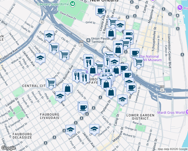 map of restaurants, bars, coffee shops, grocery stores, and more near 1827 Thalia Street in New Orleans