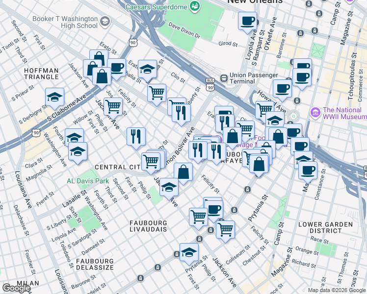map of restaurants, bars, coffee shops, grocery stores, and more near 1629 Simon Bolivar Avenue in New Orleans