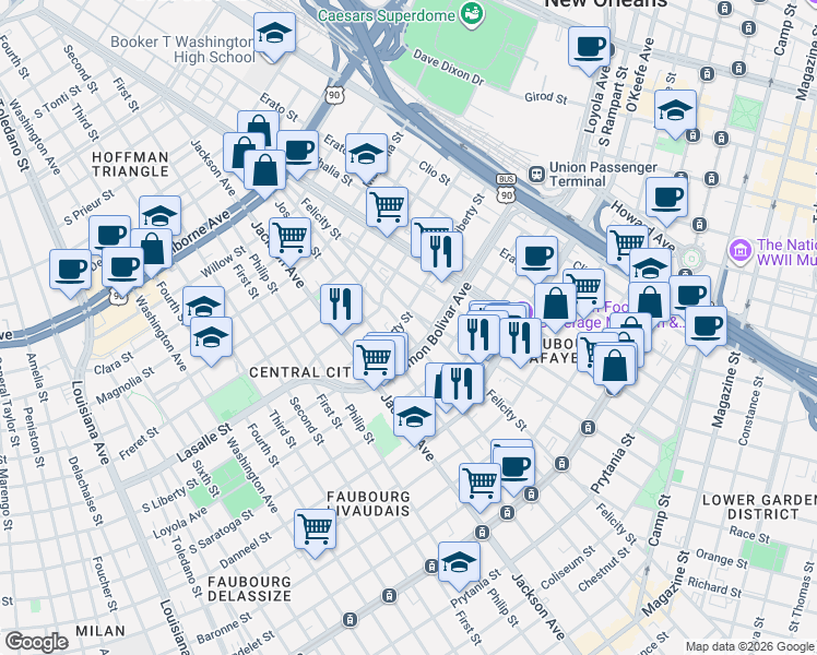 map of restaurants, bars, coffee shops, grocery stores, and more near 1813 South Liberty Street in New Orleans