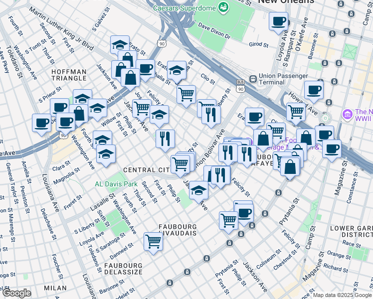 map of restaurants, bars, coffee shops, grocery stores, and more near 1813 South Liberty Street in New Orleans