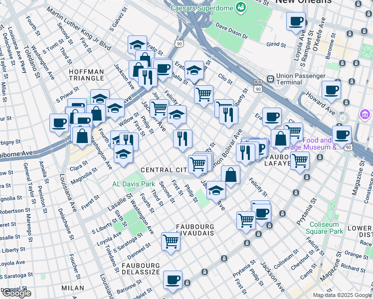 map of restaurants, bars, coffee shops, grocery stores, and more near 2408 Josephine Street in New Orleans